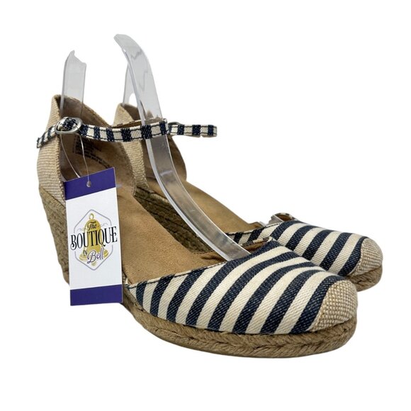 Bass Womens 10 Emelia Blue White Striped Wedge Espadrilles Slingback Heels - Picture 14 of 14